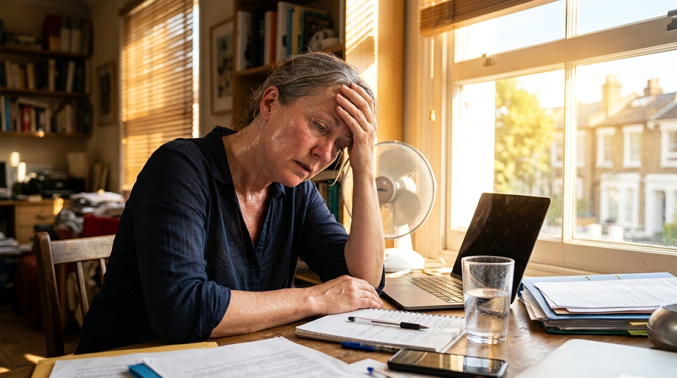 Personne épuisée par la chaleur devant son ordinateur