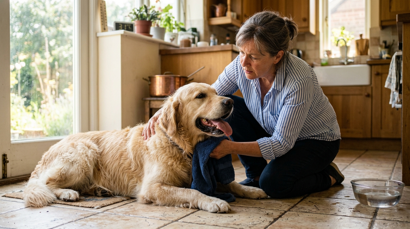 Femme inquiète rafraîchissant son chien pendant la canicule
