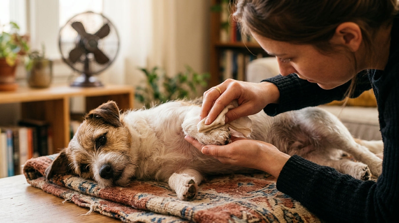 Main appliquant un linge humide sur les coussinets d'un chien