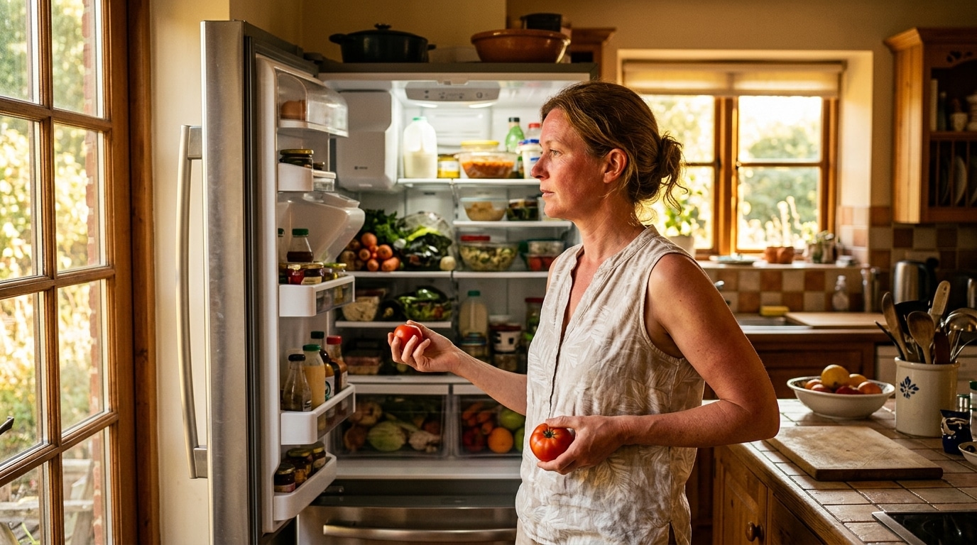 Femme regardant son frigo plein pendant une canicule