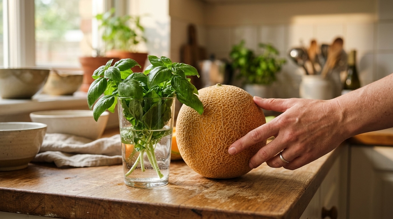 Melon entier et basilic frais sur un plan de travail