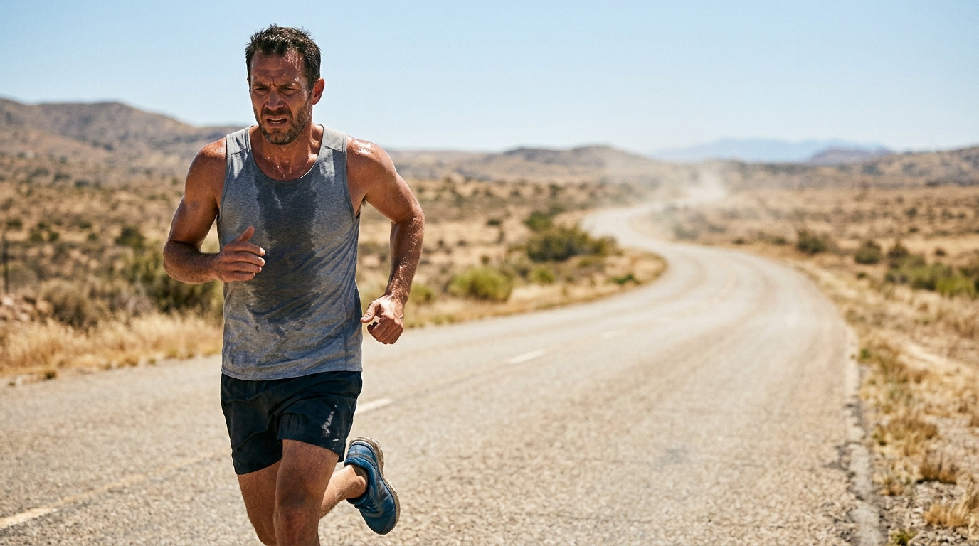 Coureur en sueur sous une chaleur intense sur route