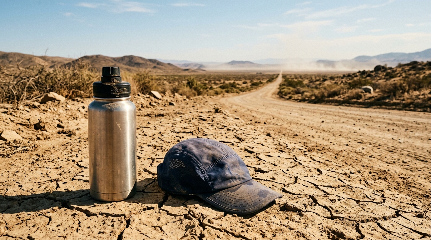 Gourde et casquette posées sur sol craquelé au soleil