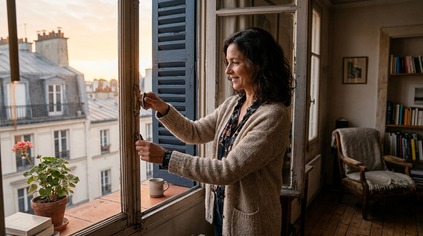 Femme fermant les volets à l'aube pour bloquer la chaleur