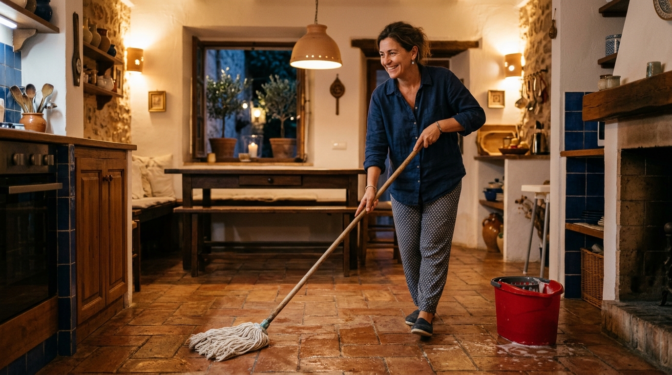 Femme passant la serpillière sur un carrelage le soir