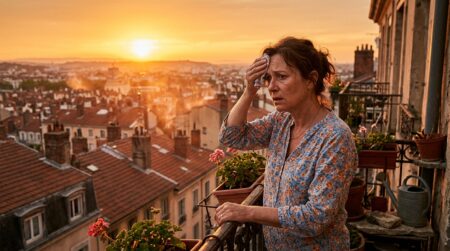 Femme épuisée par la chaleur sur son balcon au lever du soleil