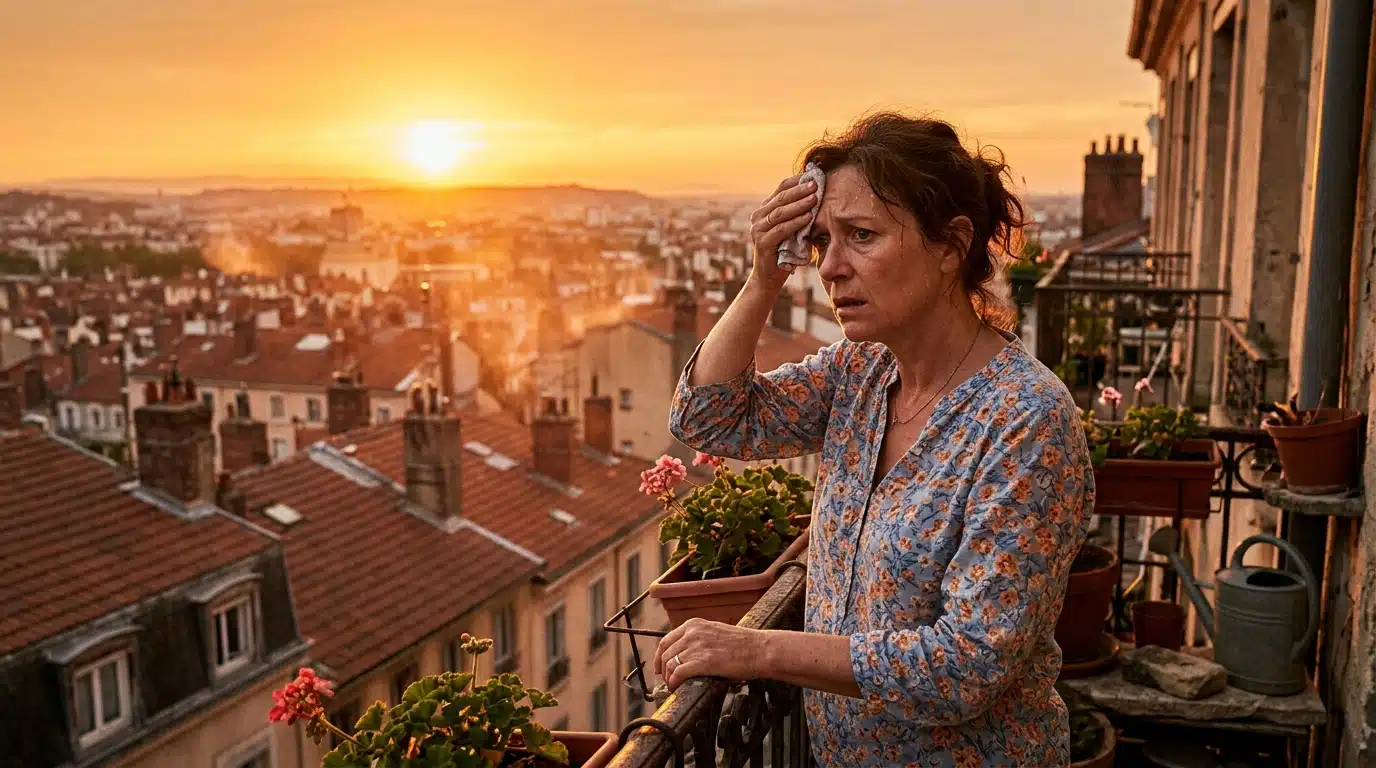 Femme épuisée par la chaleur sur son balcon au lever du soleil