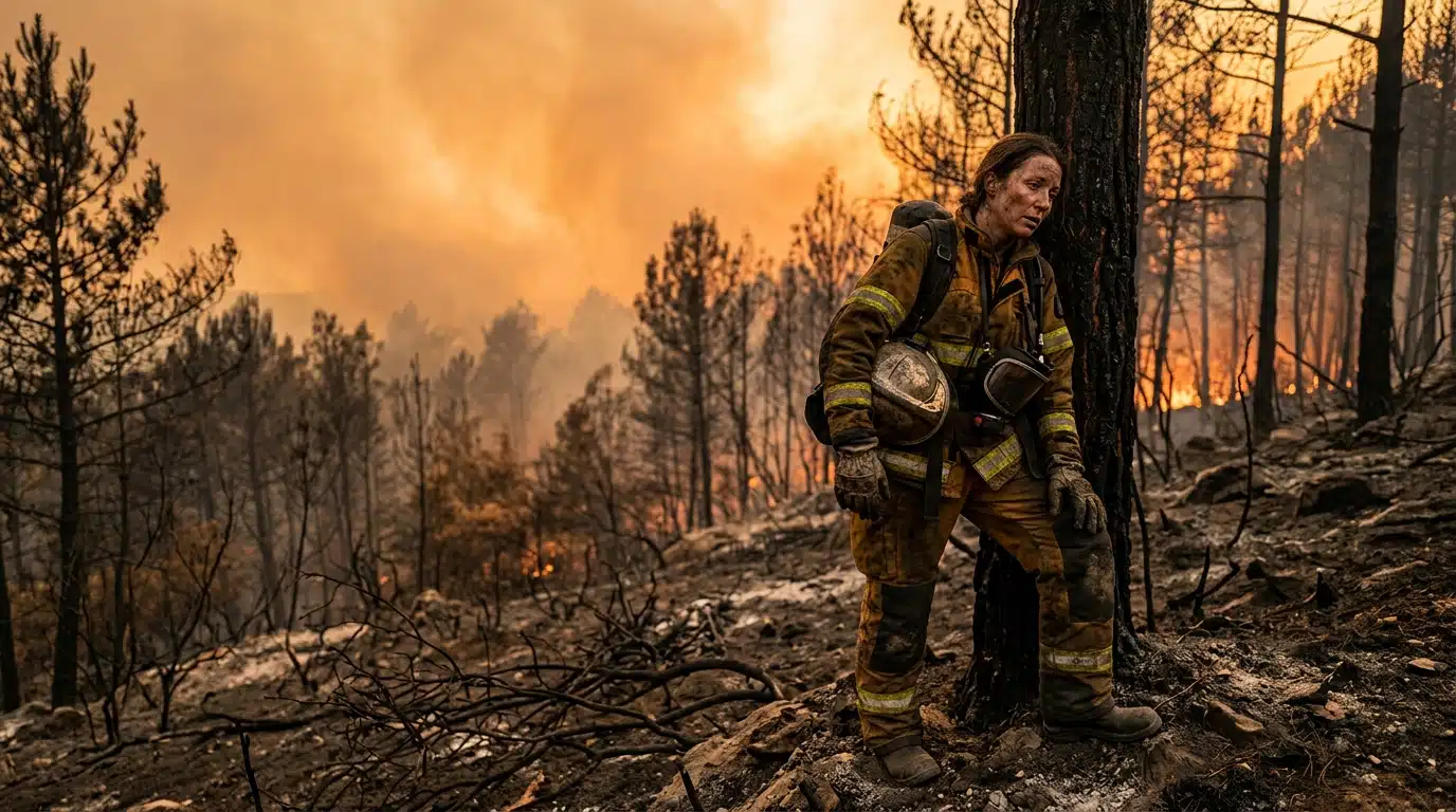 Pompier face à un incendie de forêt dans le Var