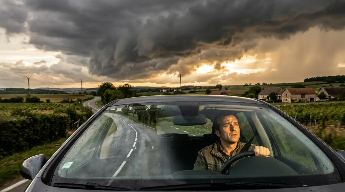 Automobiliste inquiet face à l'arrivée d'un orage