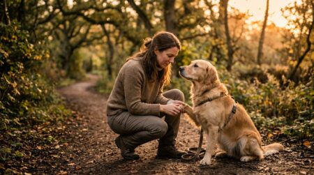 Femme vérifiant les coussinets de son chien au parc