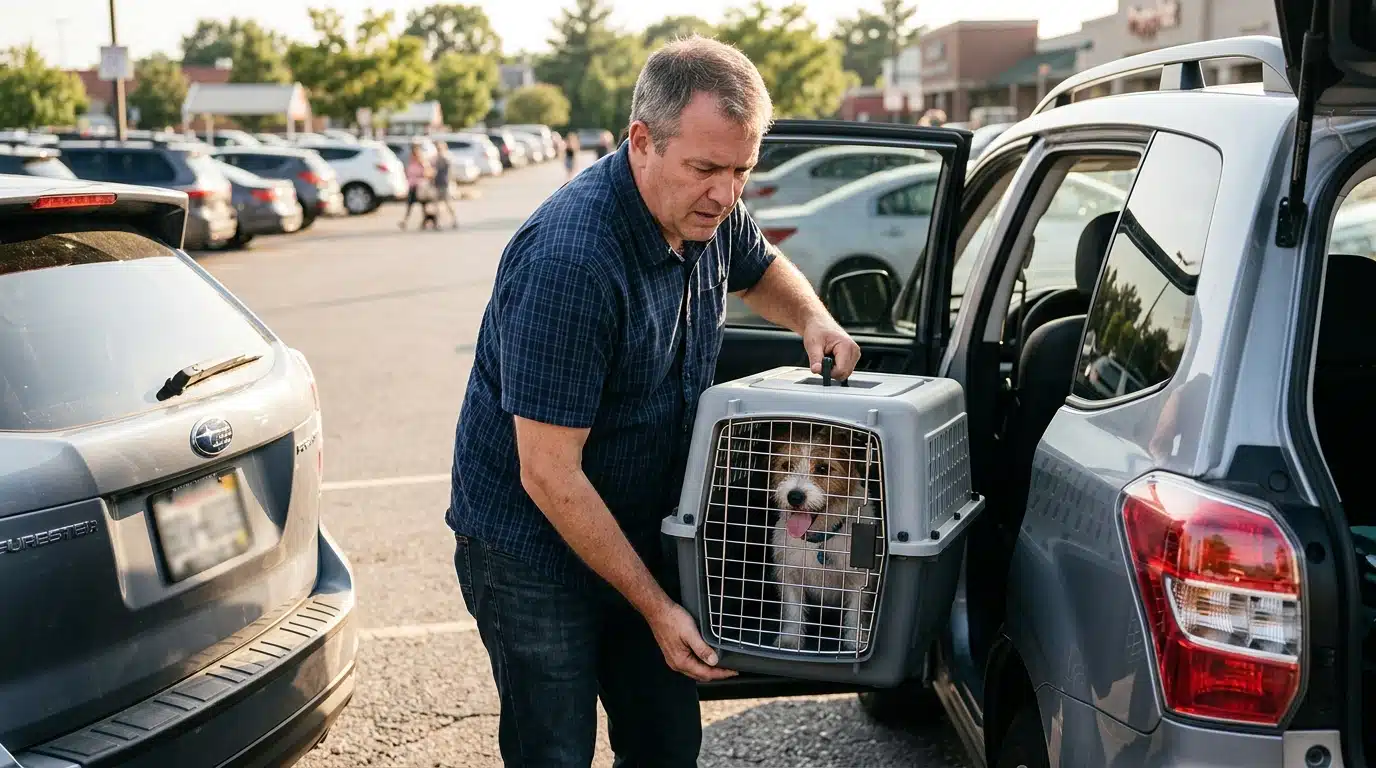 Homme installant une cage de transport ventilée en voiture