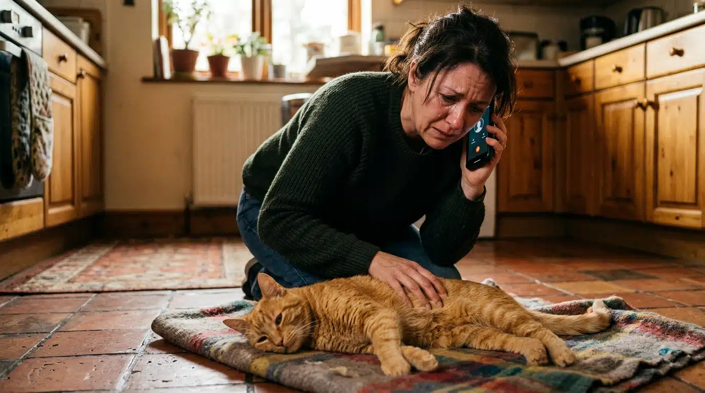 Femme inquiète appelant le vétérinaire pour son chat