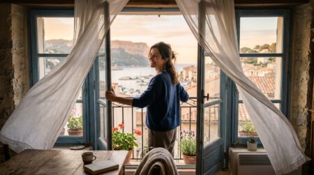 Femme ouvrant les fenêtres en grand tôt le matin