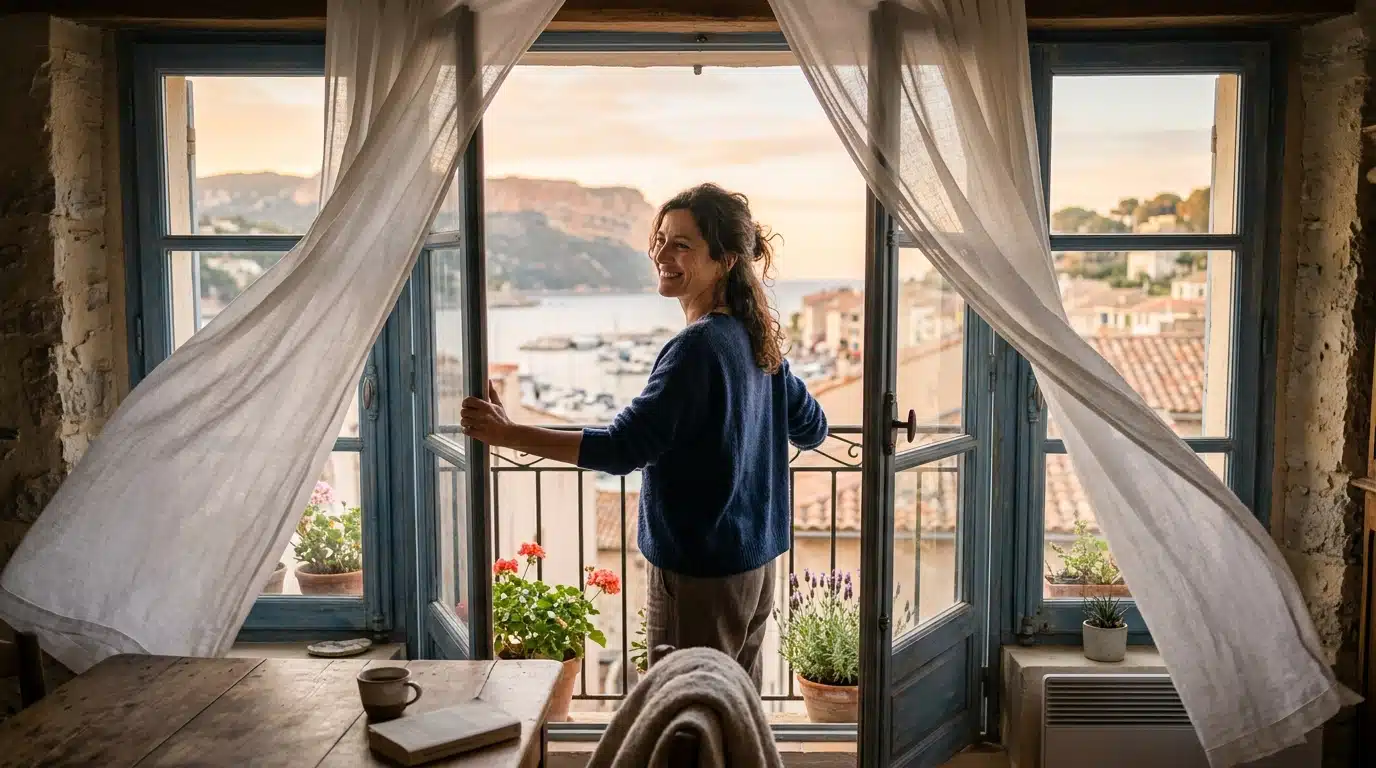 Femme ouvrant les fenêtres en grand tôt le matin