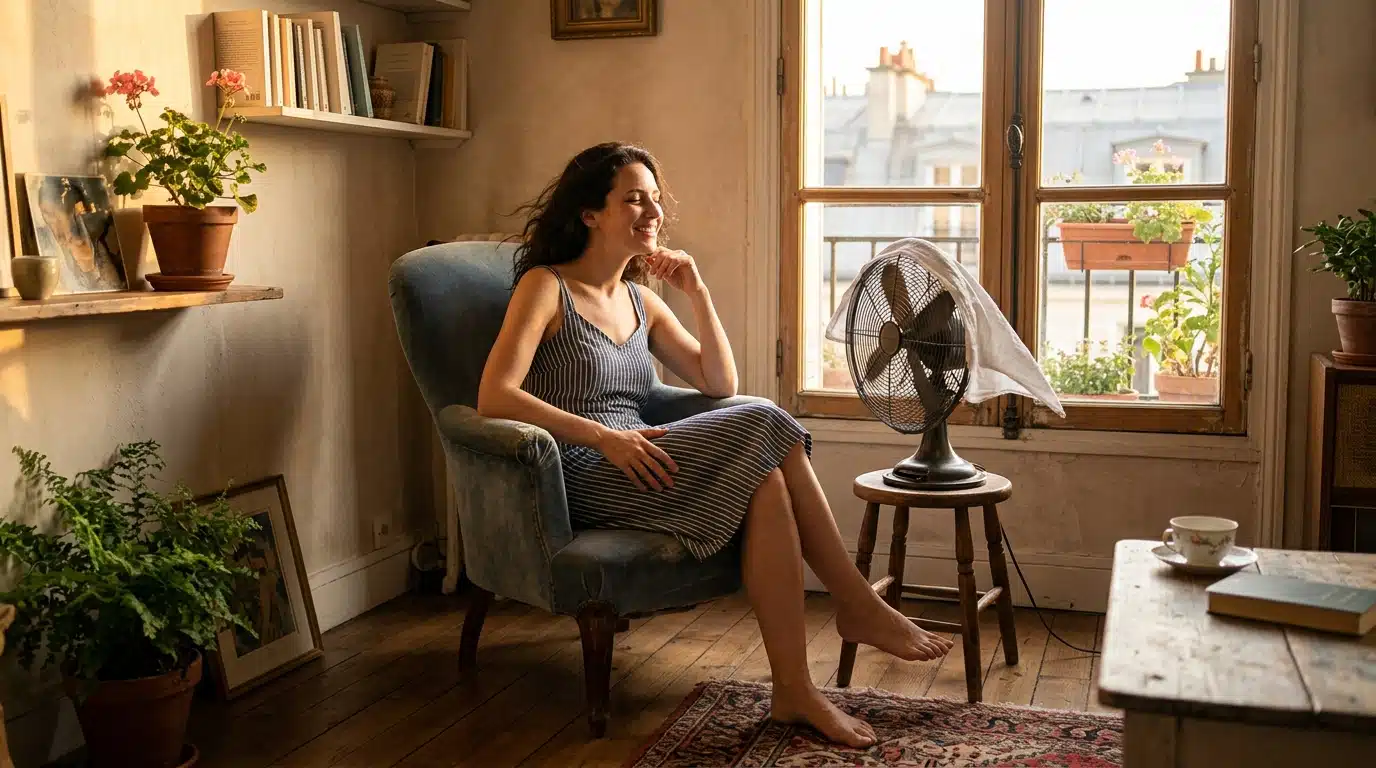 Femme devant un ventilateur avec un linge humide
