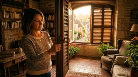 Femme fermant les volets en bois tôt le matin