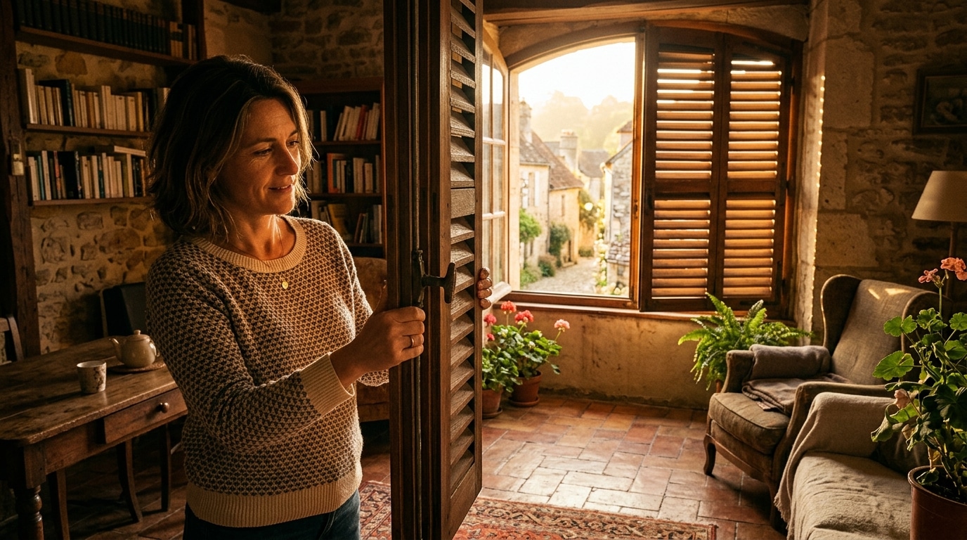 Femme fermant les volets en bois tôt le matin