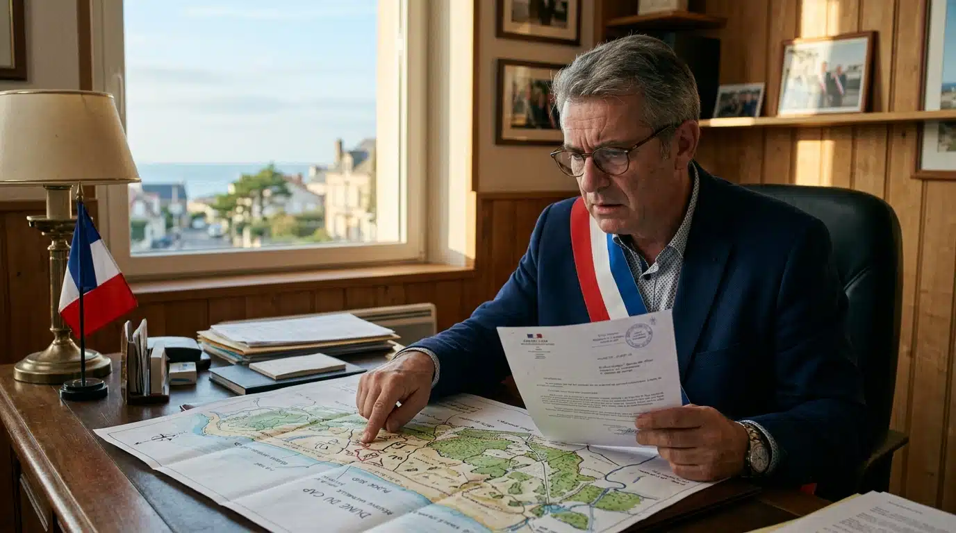 Maire consultant un document officiel face à l'occupation illégale