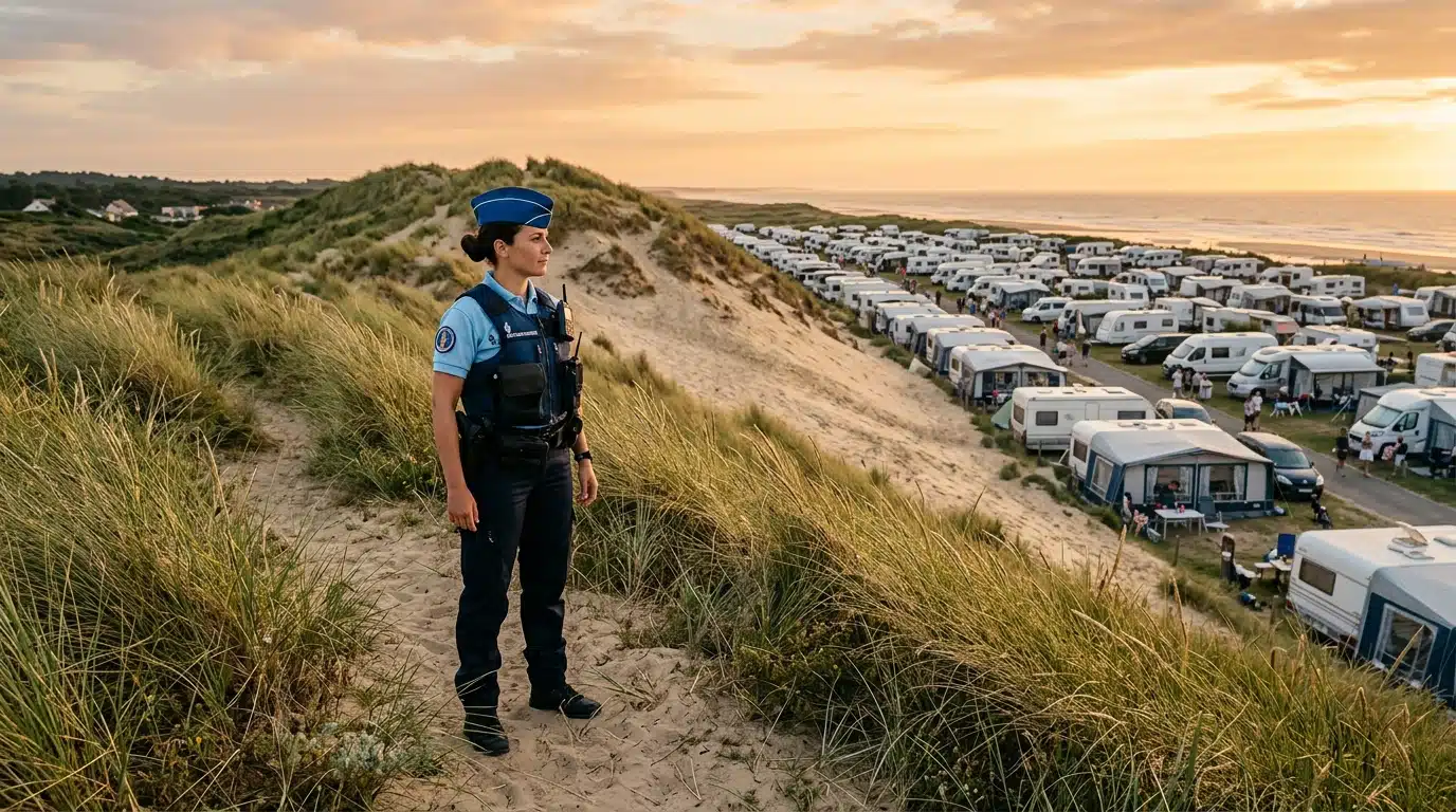 Gendarme observant les caravanes installées sur la dune bretonne