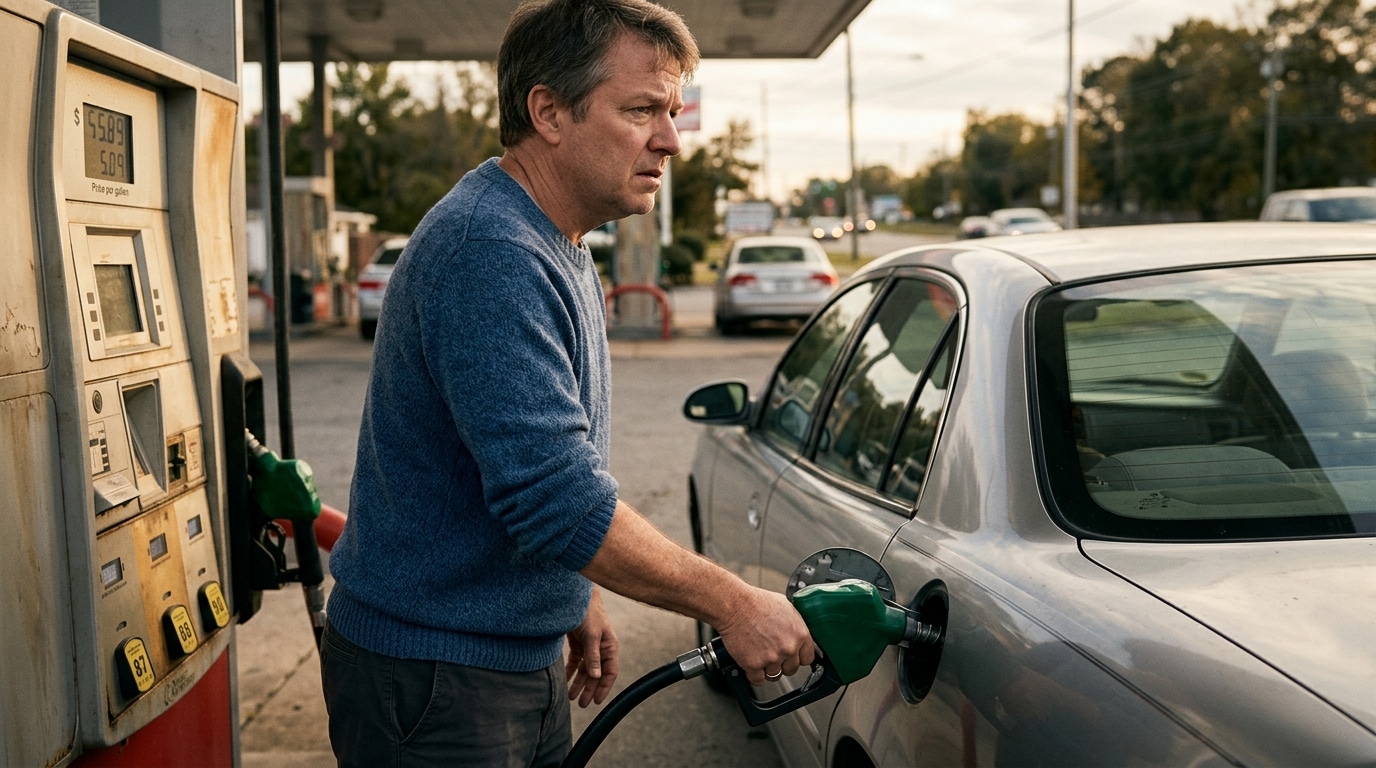 Automobiliste inquiet faisant le plein d'essence
