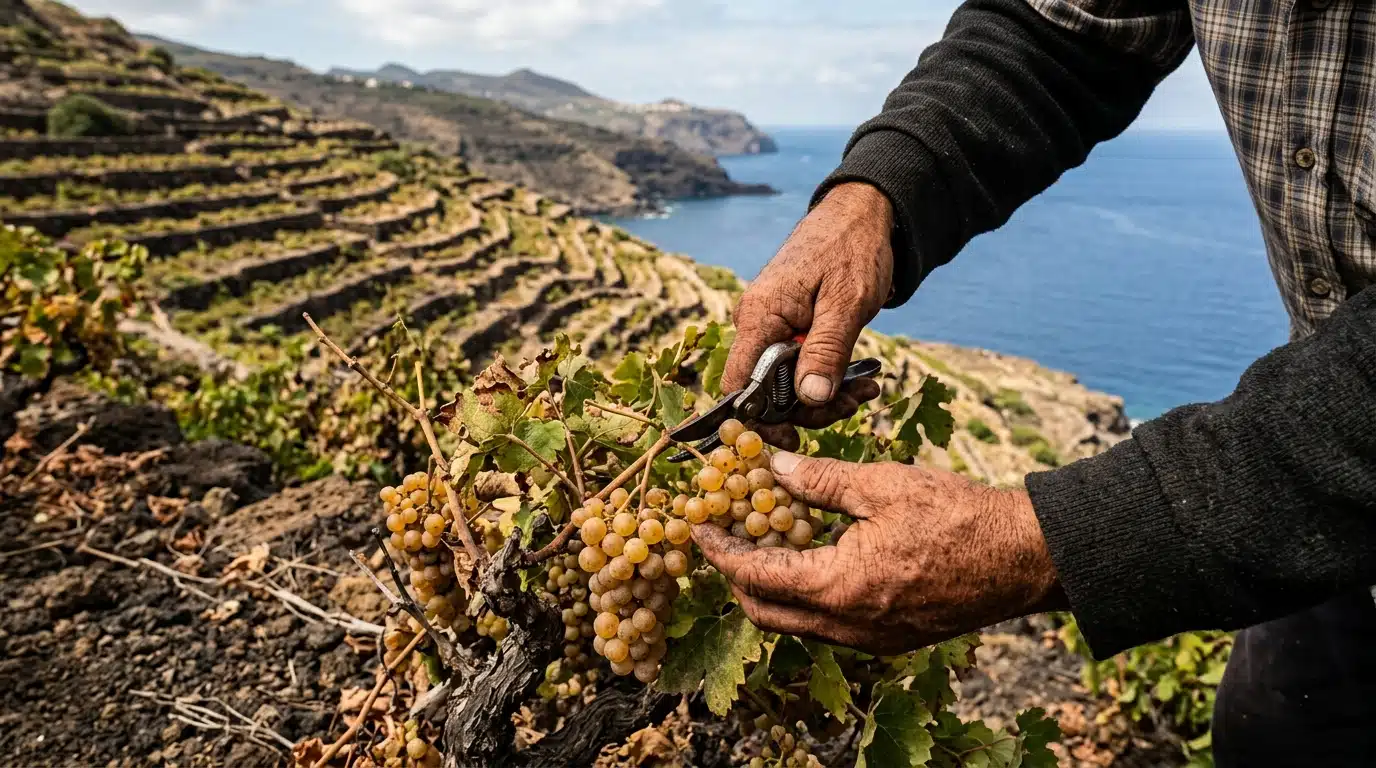 Récolte manuelle du raisin Zibibbo sur les terrasses siciliennes