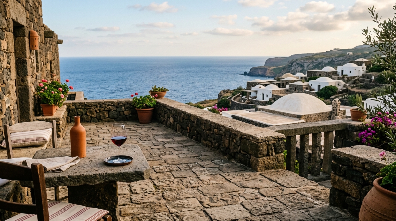 Terrasse face à la mer avec dammusi typiques de Pantelleria
