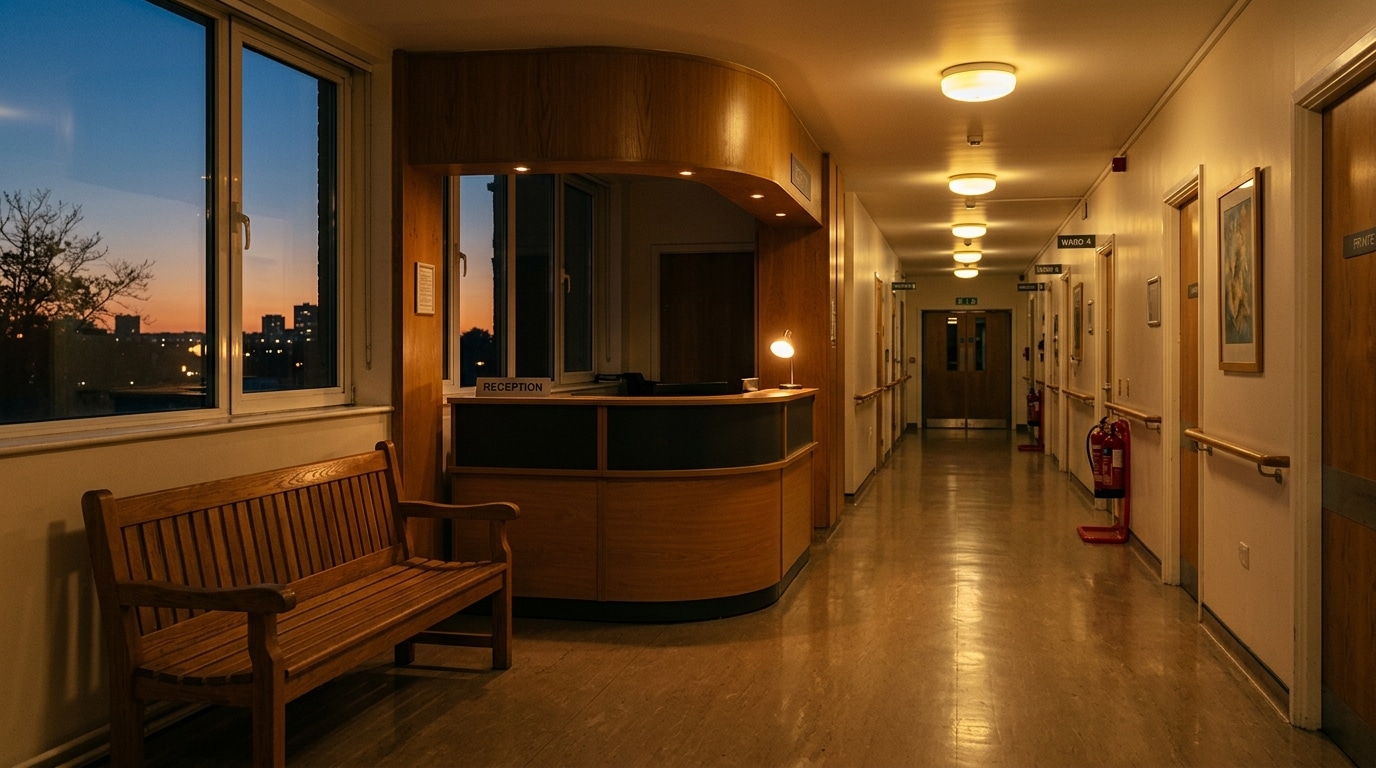 Couloir d'hôpital vide dans une lumière chaleureuse