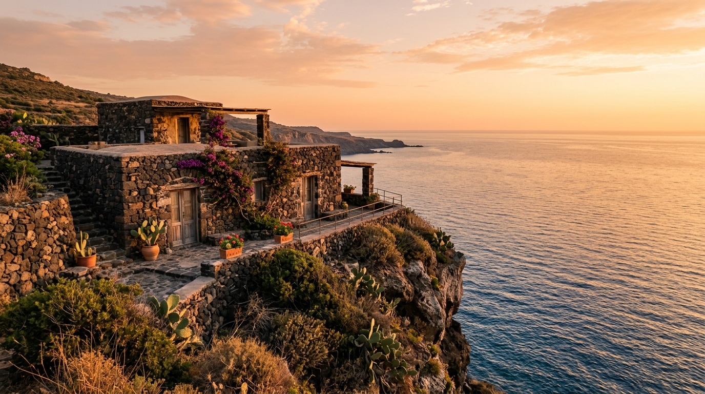 Maison de Pantelleria au coucher du soleil