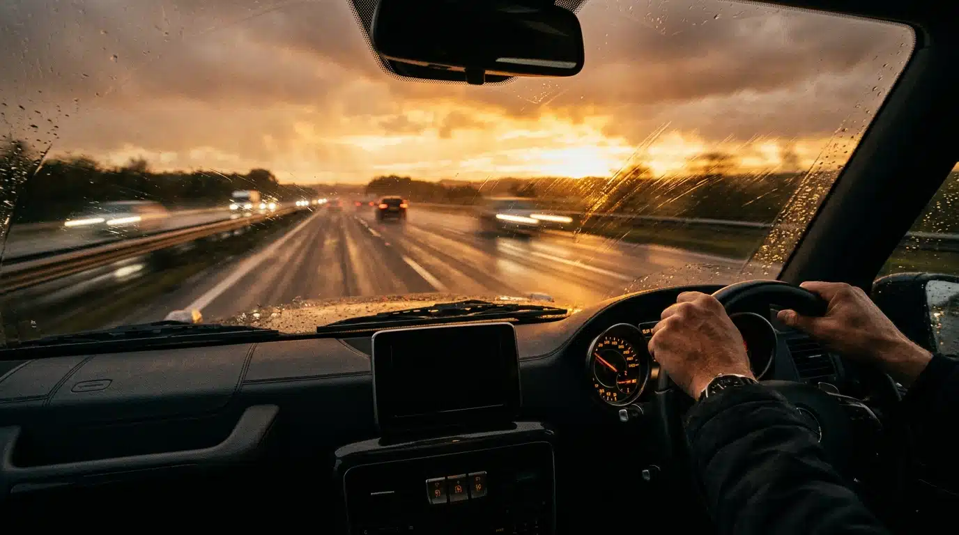 Vue intérieure d'un véhicule roulant à vive allure