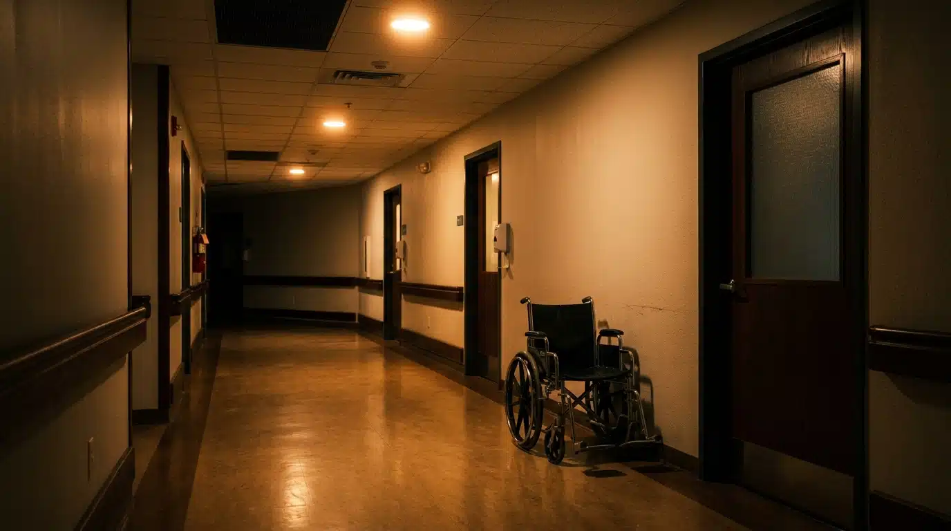 Couloir d'hôpital vide dans une lumière chaude