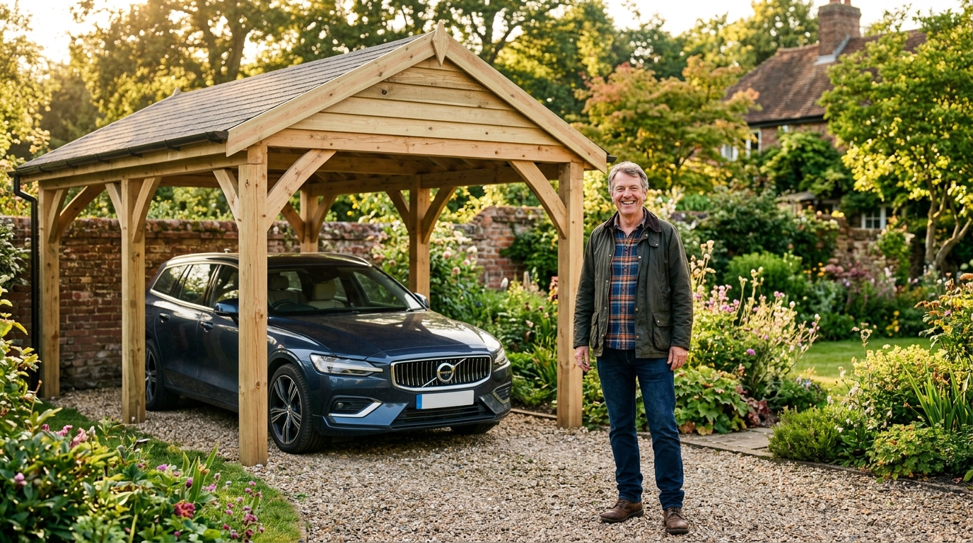 Homme souriant devant son carport neuf au jardin