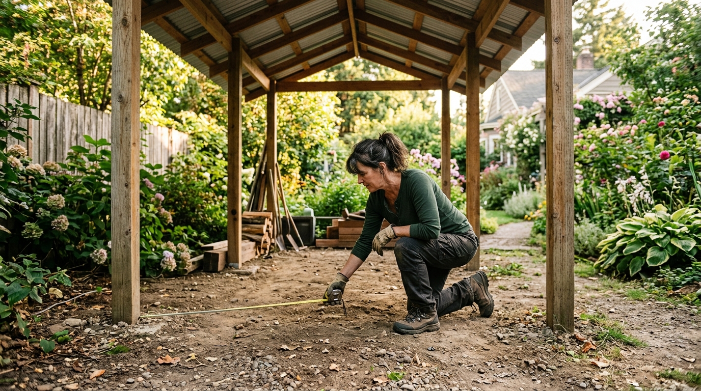 Femme mesurant la surface au sol d'un carport