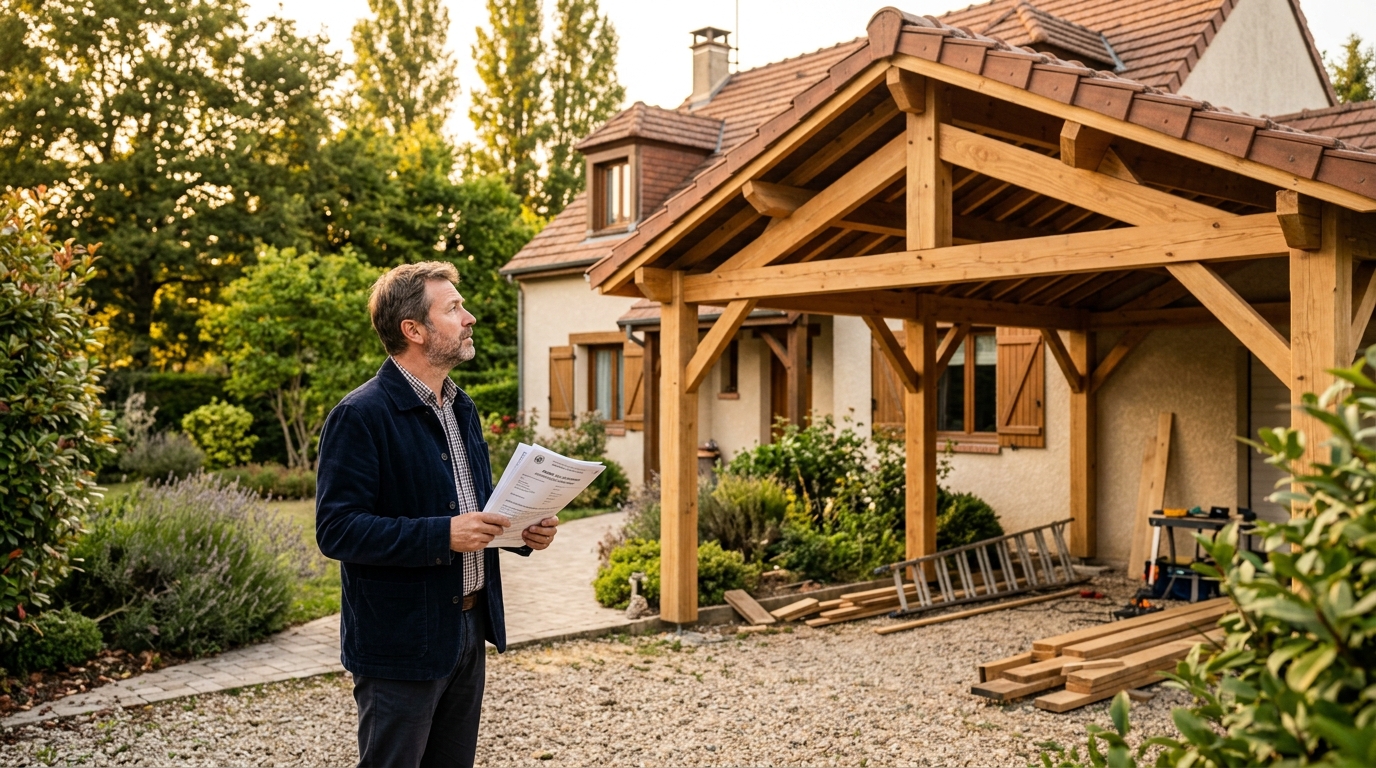 Propriétaire consultant des documents devant un carport en construction