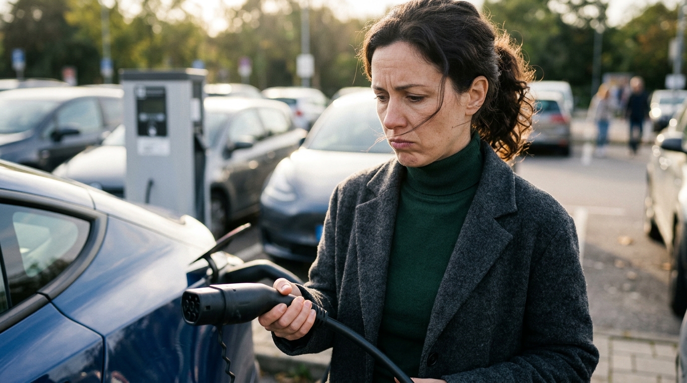 Automobiliste inquiet devant sa voiture électrique garée
