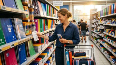 Parent choisissant des fournitures scolaires en rayon
