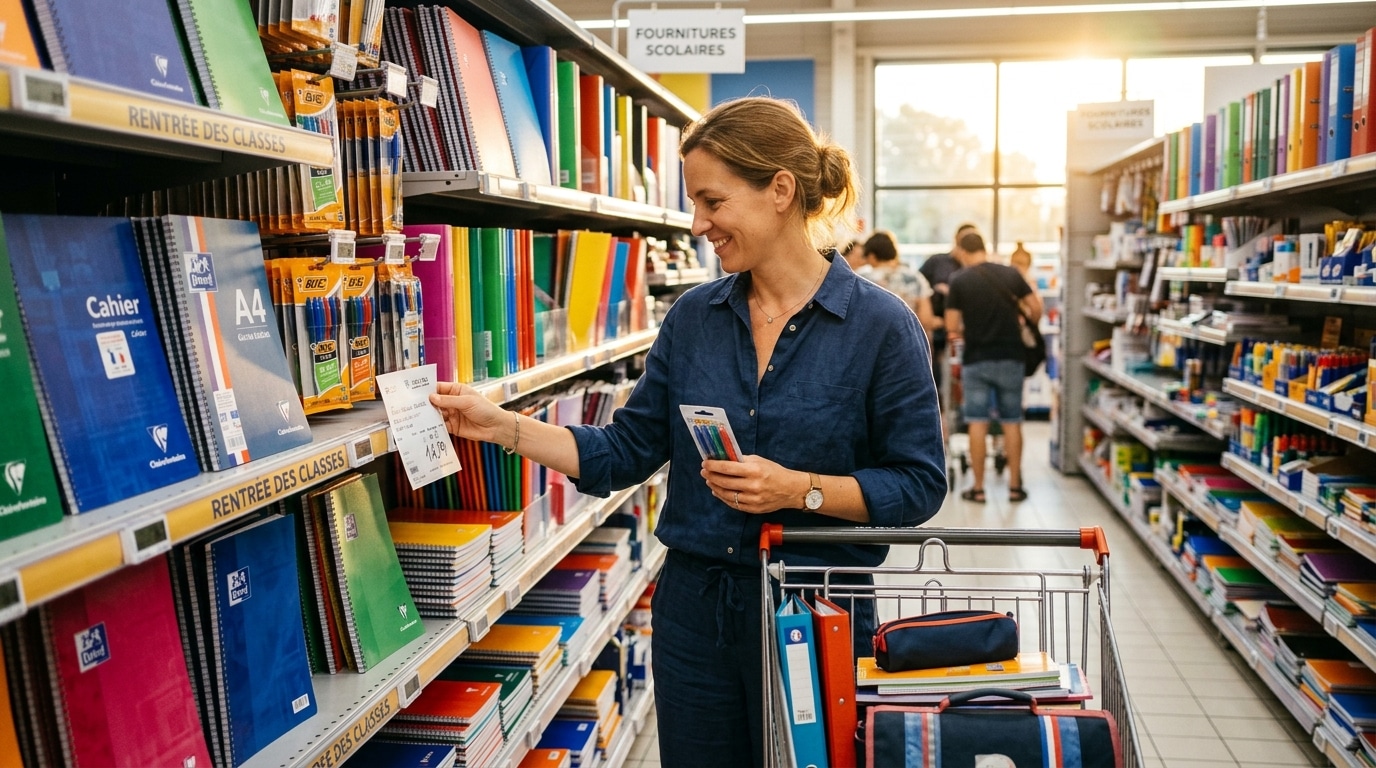Parent choisissant des fournitures scolaires en rayon