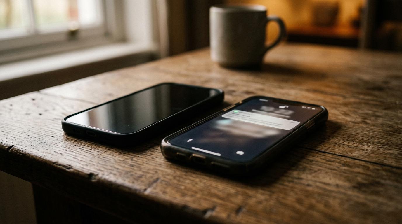 Téléphone posé sur une table avec notification floue