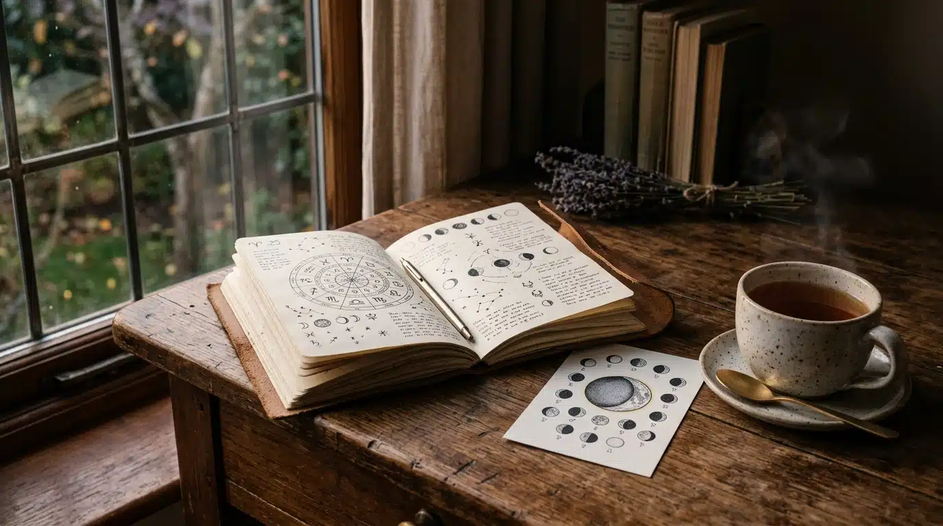 Carnet d'astrologie ouvert avec tasse de thé