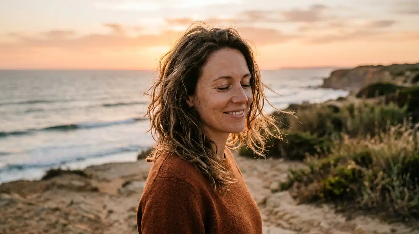 Femme souriante et apaisée face à la mer