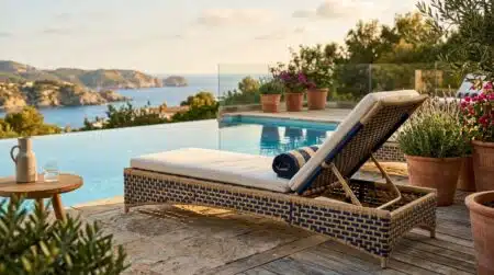 Bain de soleil tressé bleu marine au bord d'une piscine