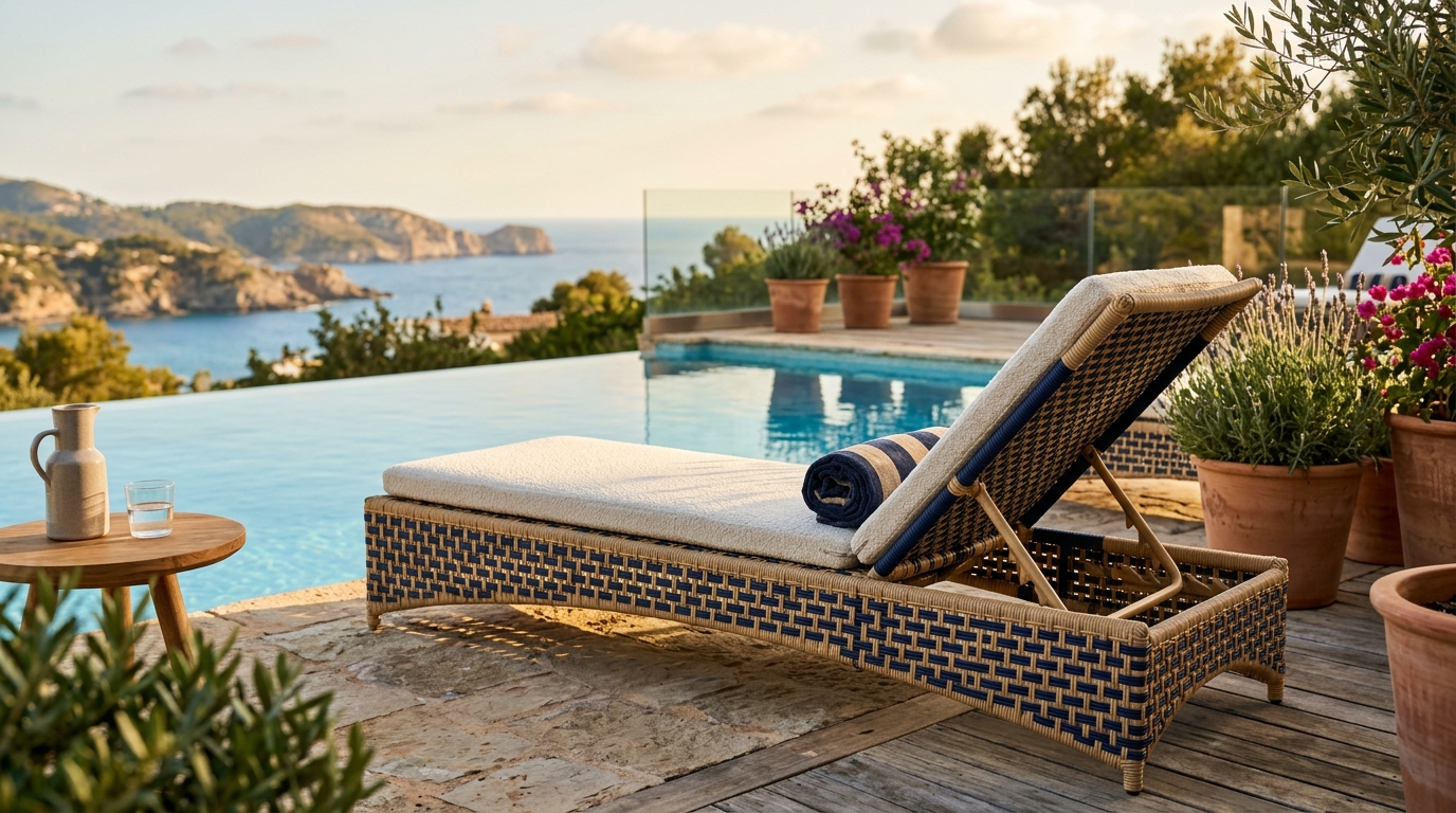 Bain de soleil tressé bleu marine au bord d'une piscine