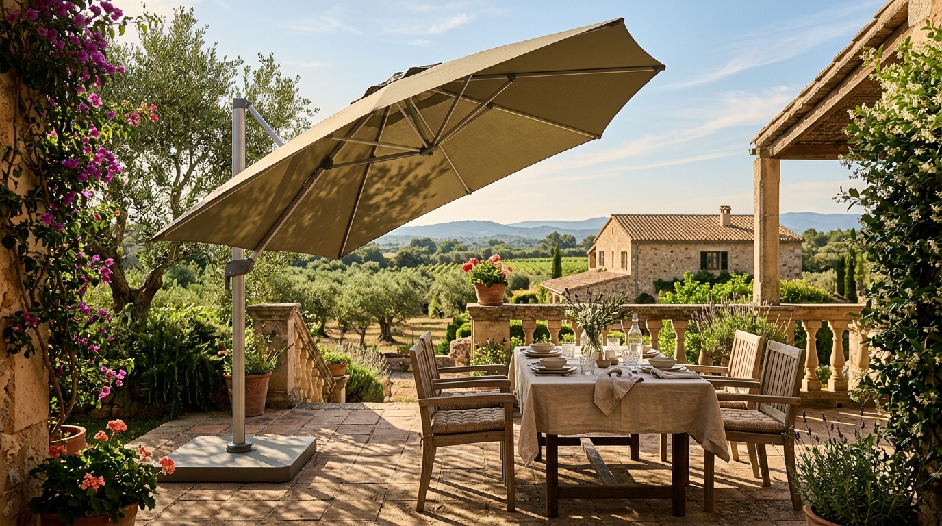 Parasol kaki incliné ombrageant une terrasse d'été