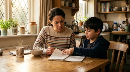 Mère et enfant résolvent un calcul de CM2 à table