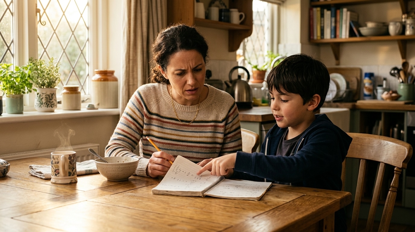 Mère et enfant résolvent un calcul de CM2 à table