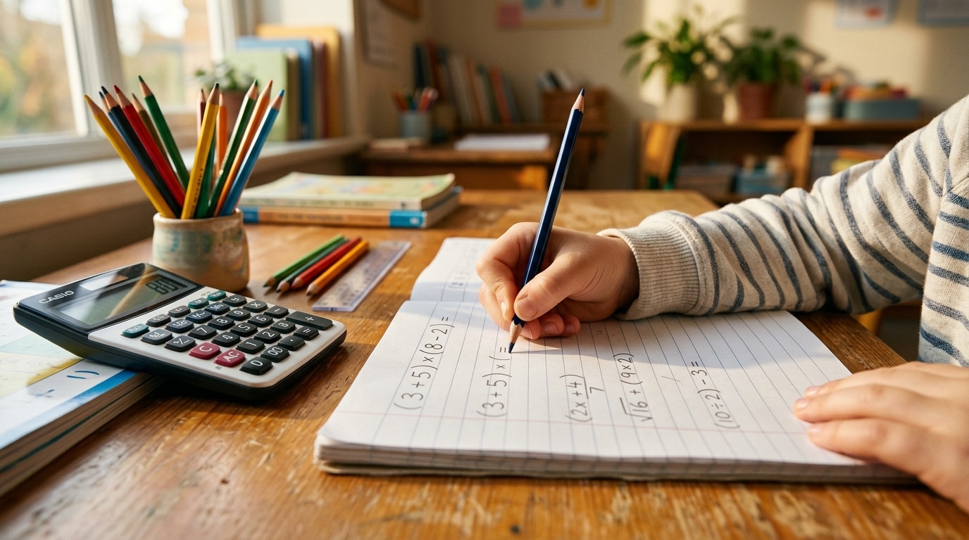 Enfant écrit un calcul avec parenthèses dans un cahier