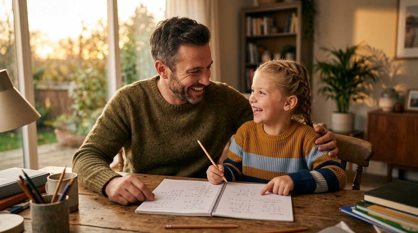 Père et fille célèbrent la résolution d'un calcul de maths
