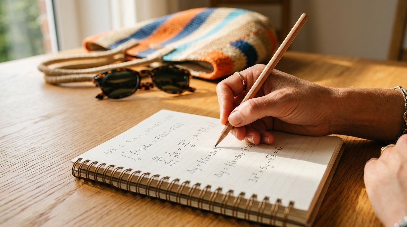 Main écrivant une équation mathématique sur un carnet