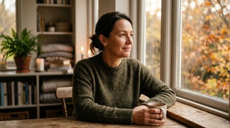 Personne pensive au visage apaisé dans lumière d'automne
