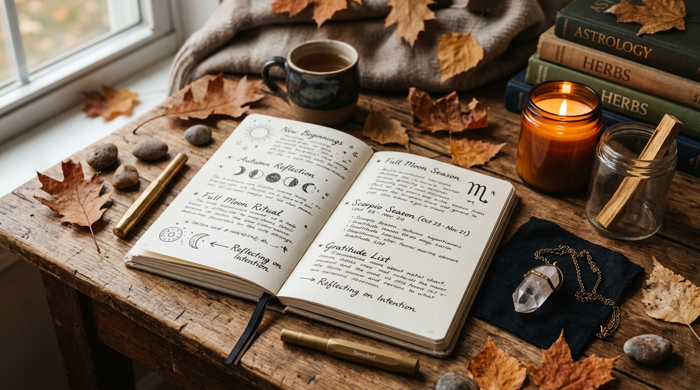 Carnet et pendentif sur bureau ambiance astrologie