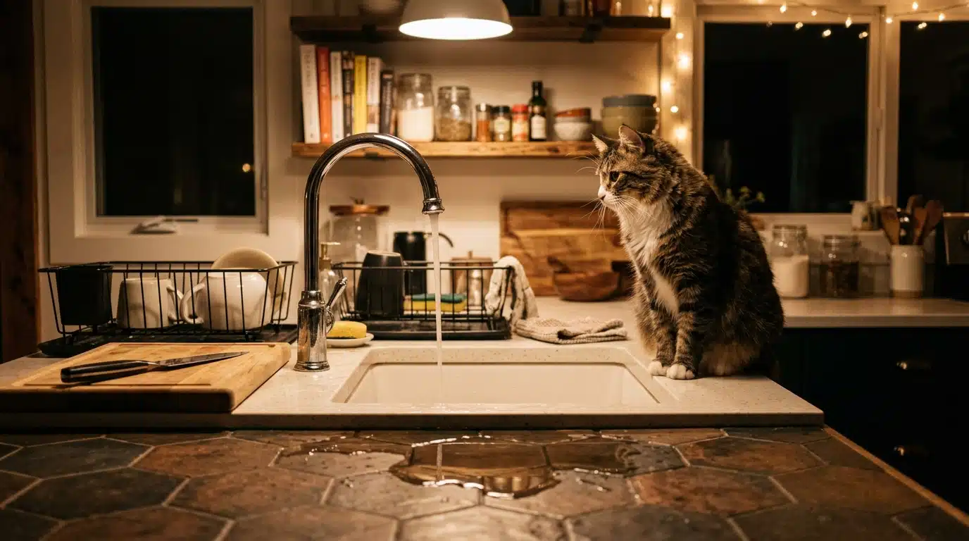 Chat assis près d'un robinet ouvert qui coule